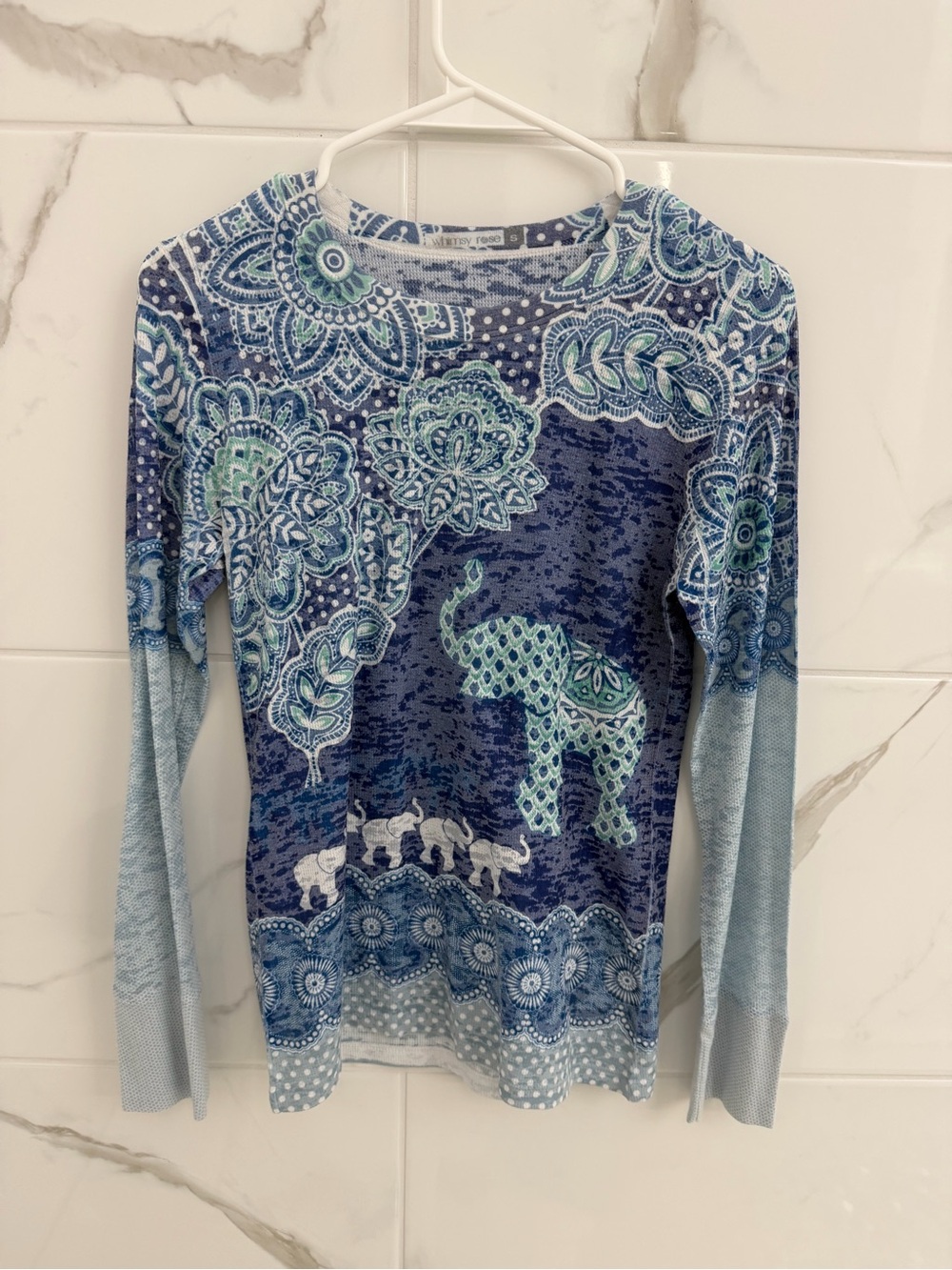 Sundance/Whimsy Rose Blue Elephant-Print Crew Neck Women's Top